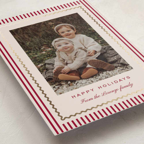 This is a berry foil pressed holiday cards with foil pressed by Kelly Schmidt called squiggle border printing on recycled smooth signature in standard