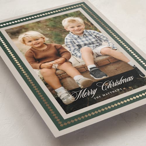 This is a evergreen foil pressed holiday cards with foil pressed by Kaydi Bishop called gilt diamonds printing on recycled smooth signature in standard