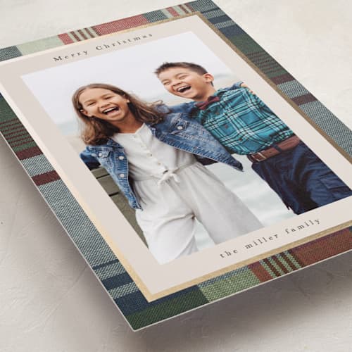 This is a sea foil pressed holiday cards with foil pressed by Nicole Walsh called heritage plaid printing on recycled smooth signature in standard