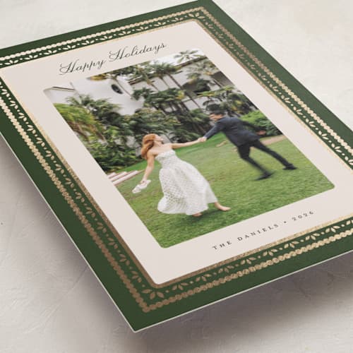 This is a evergreen foil pressed holiday cards with foil pressed by Melanie Kosuge called waverly printing on recycled smooth signature in standard