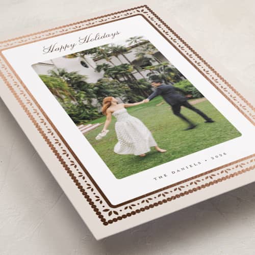 This is a vanilla foil pressed holiday cards with foil pressed by Melanie Kosuge called waverly printing on recycled smooth signature in standard