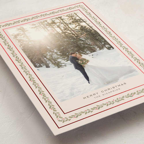 This is a eggnog foil pressed holiday cards with foil pressed by Creo Study called holly garland frame printing on recycled smooth signature in standard