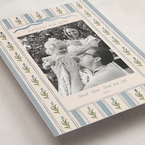 This is a blue jay foil pressed holiday cards with foil pressed by Creo Study called hand-drawn vintage garden printing on recycled smooth signature in standard