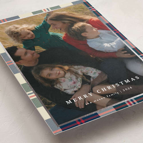 This is a champagne foil pressed holiday cards with foil pressed by Ilene Guy called traditionally plaid printing on recycled smooth signature in standard