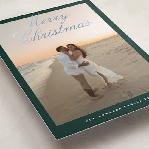This is a spruce foil pressed holiday cards with foil pressed by Nicole Walsh called modern script printing on recycled smooth signature in standard