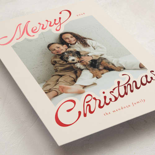 This is a peppermint foil pressed holiday cards with foil pressed by Ashley Iwafuchi called merry cheer printing on recycled smooth signature in standard