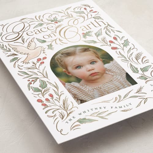 This is a festive foil pressed holiday cards with foil pressed by Makewells called gilded peace printing on recycled smooth signature in standard