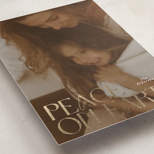 This is a snow foil pressed holiday cards with foil pressed by Angela Thompson called peaceful wishes printing on recycled smooth signature in standard
