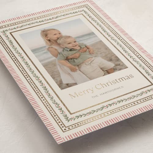 This is a vanilla foil pressed holiday cards with foil pressed by Lori Wemple called holiday pattern frame printing on recycled smooth signature in standard