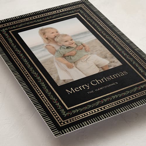 This is a noir foil pressed holiday cards with foil pressed by lori jacobs wemple called holiday pattern frame printing on recycled smooth signature in standard