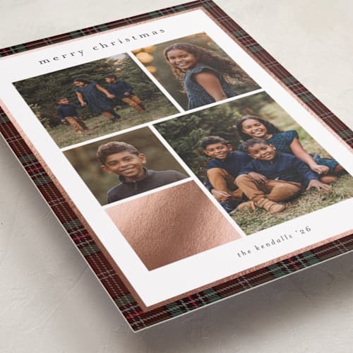 This is a burgundy foil pressed holiday cards with foil pressed by Stacey Meacham called plaid collage printing on recycled smooth signature in standard