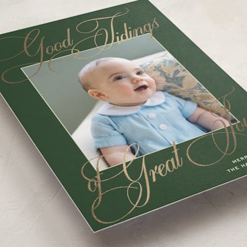 This is a evergreen foil pressed holiday cards with foil pressed by Megan Davis called praline printing on recycled smooth signature in standard