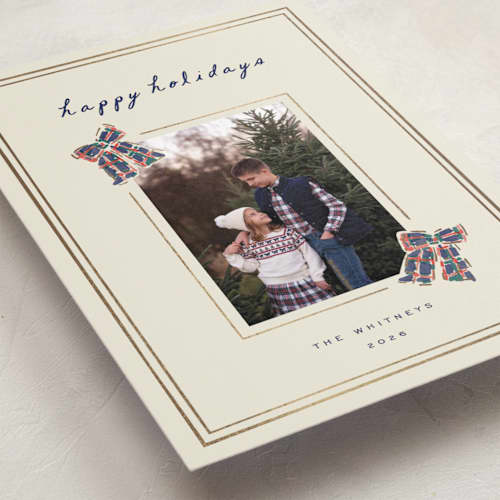 This is a navy foil pressed holiday cards with foil pressed by Sarah Rosenthal called plaid trimmed printing on recycled smooth signature in standard