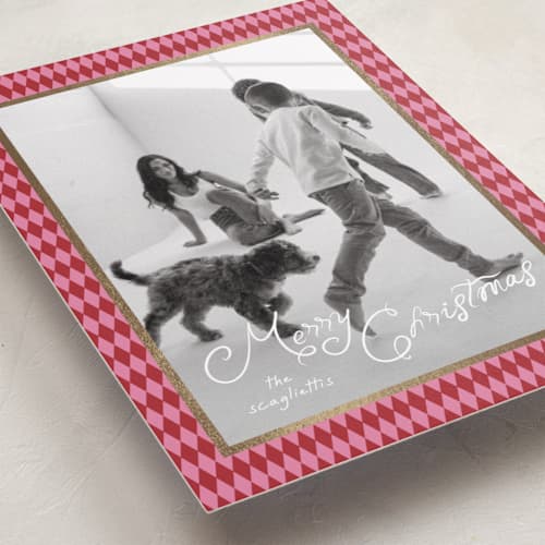 This is a gumdrop foil pressed holiday cards with foil pressed by Tamara Hilje called harlequin printing on recycled smooth signature in standard