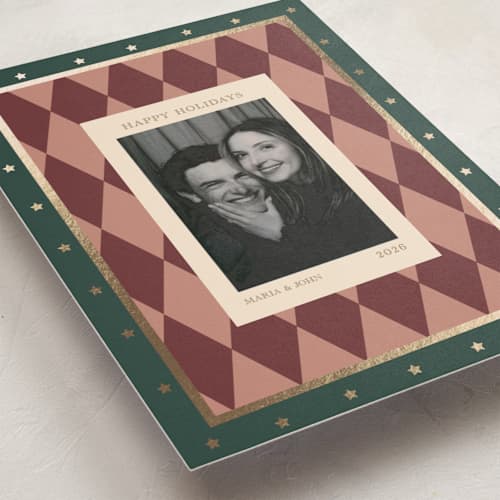 This is a forest foil pressed holiday cards with foil pressed by Rina Ozum called vintage harlequin printing on recycled smooth signature in standard