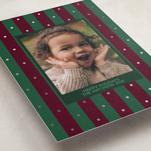 This is a jewel foil pressed holiday cards with foil pressed by Inkblot Design called dotted stripe printing on recycled smooth signature in standard