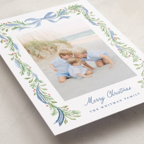 This is a coastal foil pressed holiday cards with foil pressed by Sarah Knight called striped bow printing on recycled smooth signature in standard