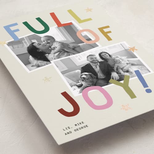 This is a jubilant foil pressed holiday cards with foil pressed by Kercia Jane called full of joy (& cheer) printing on recycled smooth signature in standard