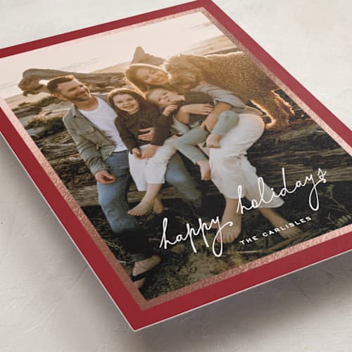 This is a carmine foil pressed holiday cards with foil pressed by chocomocacino called krafne printing on recycled smooth signature in standard