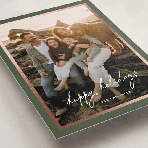 This is a avocado foil pressed holiday cards with foil pressed by chocomocacino called krafne printing on recycled smooth signature in standard