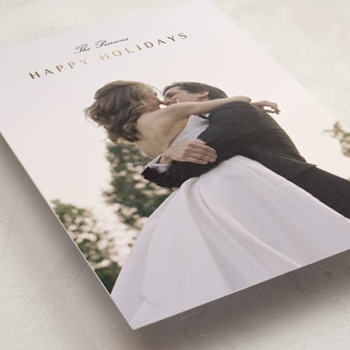 This is a ink foil pressed holiday cards with foil pressed by Stacey Meacham called classic minimalist printing on recycled smooth signature in standard