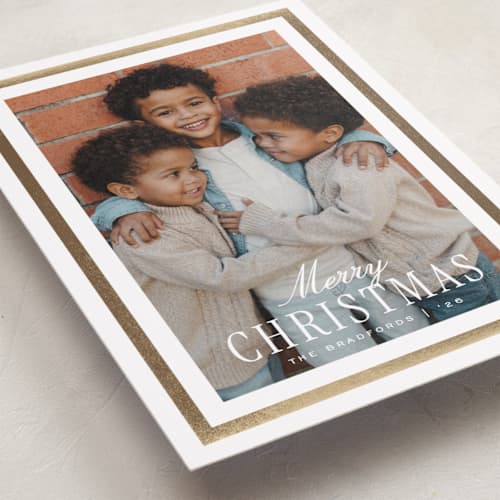 This is a snow foil pressed holiday cards with foil pressed by Amy Kross called harper printing on recycled smooth signature in standard