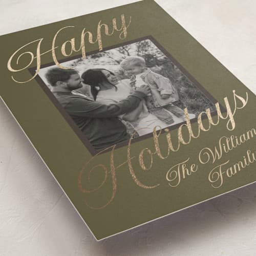 This is a pine foil pressed holiday cards with foil pressed by Robert and Stella called velour printing on recycled smooth signature in standard