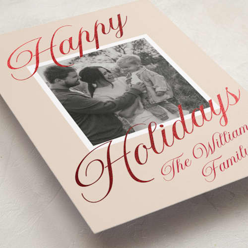 This is a eggnog foil pressed holiday cards with foil pressed by Robert and Stella called velour printing on recycled smooth signature in standard