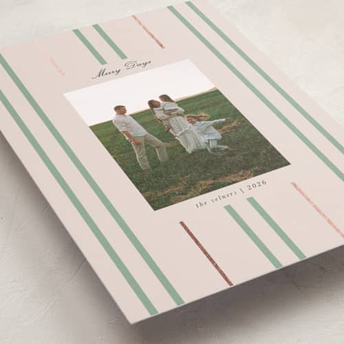 This is a sage foil pressed holiday cards with foil pressed by Morgan Kendall called picture rail printing on recycled smooth signature in standard