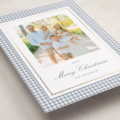 This is a wintermint foil pressed holiday cards with foil pressed by Emily Betts called gingham squiggle printing on recycled smooth signature in standard