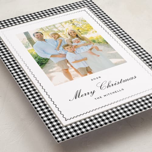 This is a onyx foil pressed holiday cards with foil pressed by Emily Betts called gingham squiggle printing on recycled smooth signature in standard