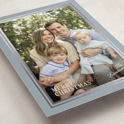 This is a blue jay foil pressed holiday cards with foil pressed by Creo Study called gilded frame printing on recycled smooth signature in standard
