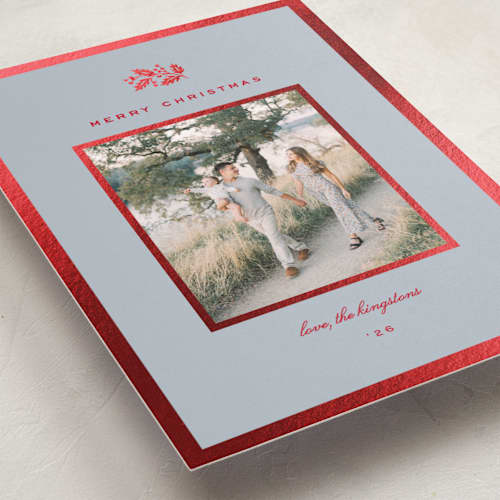 This is a wintermint foil pressed holiday cards with foil pressed by Amy Kross called oliver printing on recycled smooth signature in standard