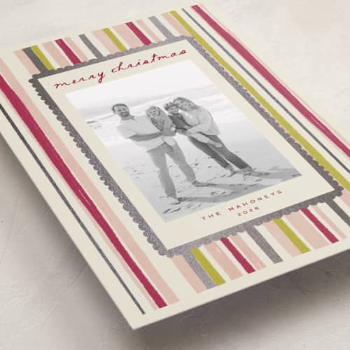 This is a fig foil pressed holiday cards with foil pressed by Sarah Rosenthal called silver tinsel printing on recycled smooth signature in standard