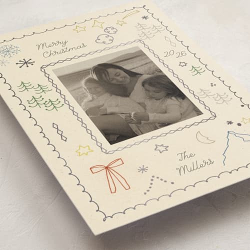 This is a frost foil pressed holiday cards with foil pressed by Sumak Studio called merry drawing printing on recycled smooth signature in standard