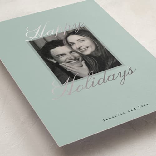 This is a mint foil pressed holiday cards with foil pressed by Corinne Malesic called this moment printing on recycled smooth signature in standard