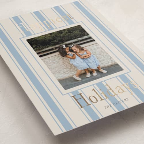 This is a provincial foil pressed holiday cards with foil pressed by Angela Thompson called ticking stripe printing on recycled smooth signature in standard