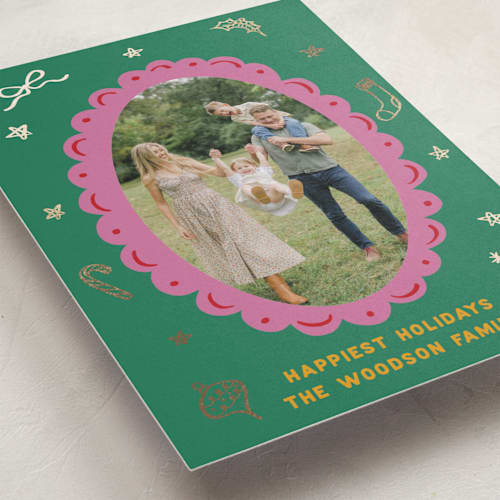 This is a elf shoes foil pressed holiday cards with foil pressed by Erica Gingrich called happiest holidays! printing on recycled smooth signature in standard