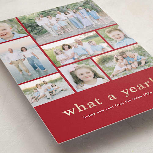 This is a scarlet foil pressed holiday cards with foil pressed by Stacey Meacham called at a glance printing on recycled smooth signature in standard