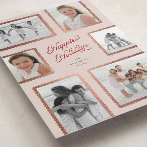 This is a chardonnay foil pressed holiday cards with foil pressed by Pixel and Hank called patchwork printing on recycled smooth signature in standard