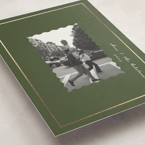 This is a moss foil pressed holiday cards with foil pressed by Corinne Malesic called modern heirloom printing on recycled smooth signature in standard