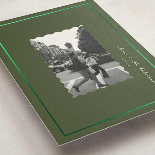 This is a moss foil pressed holiday cards with foil pressed by Corinne Malesic called modern heirloom printing on recycled smooth signature in standard