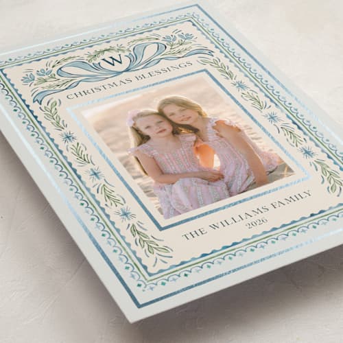 This is a blue jay foil pressed holiday cards with foil pressed by Paper Sun Studio called christmas gift printing on recycled smooth signature in standard