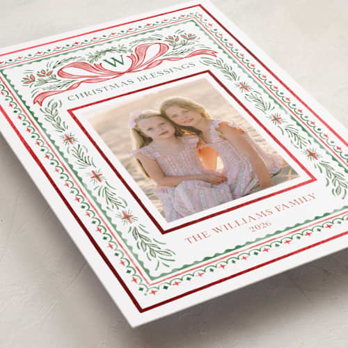 This is a berry foil pressed holiday cards with foil pressed by Paper Sun Studio called christmas gift printing on recycled smooth signature in standard