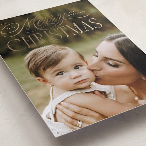 This is a vanilla foil pressed holiday cards with foil pressed by Stacy Maalouf called simply elegant printing on recycled smooth signature in standard