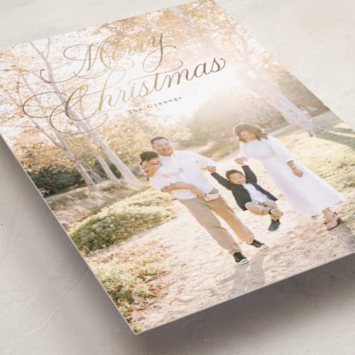 This is a golden foil pressed holiday cards with foil pressed by Rebecca Durflinger called christmas splendor printing on recycled smooth signature in standard