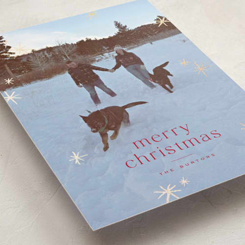 This is a cranberry foil pressed holiday cards with foil pressed by Wildfield Paper Co called twinkle! printing on recycled smooth signature in standard