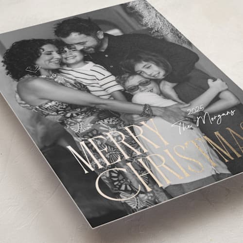 This is a halo foil pressed holiday cards with foil pressed by Kacey Kendrick Wagner called merry embrace printing on recycled smooth signature in standard