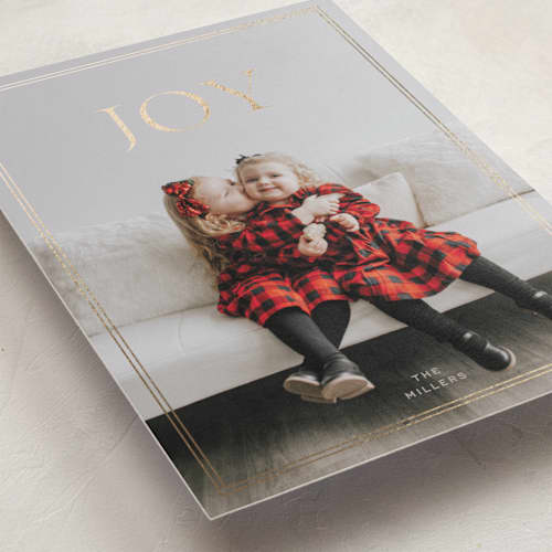 This is a hazel foil pressed holiday cards with foil pressed by Sabrin Deirani called bright joy printing on recycled smooth signature in standard