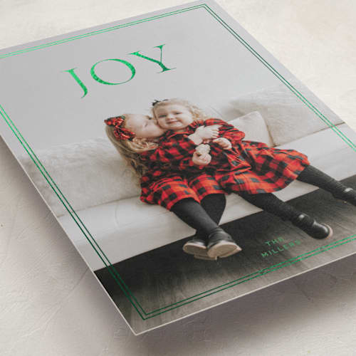 This is a evergreen foil pressed holiday cards with foil pressed by Sabrin Deirani called bright joy printing on recycled smooth signature in standard
